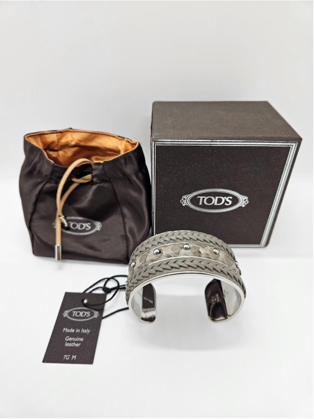 Tod's NEW Gray Woven Leather Snakeskin Studs Cuff Bracelet Bangle Made in ITALY